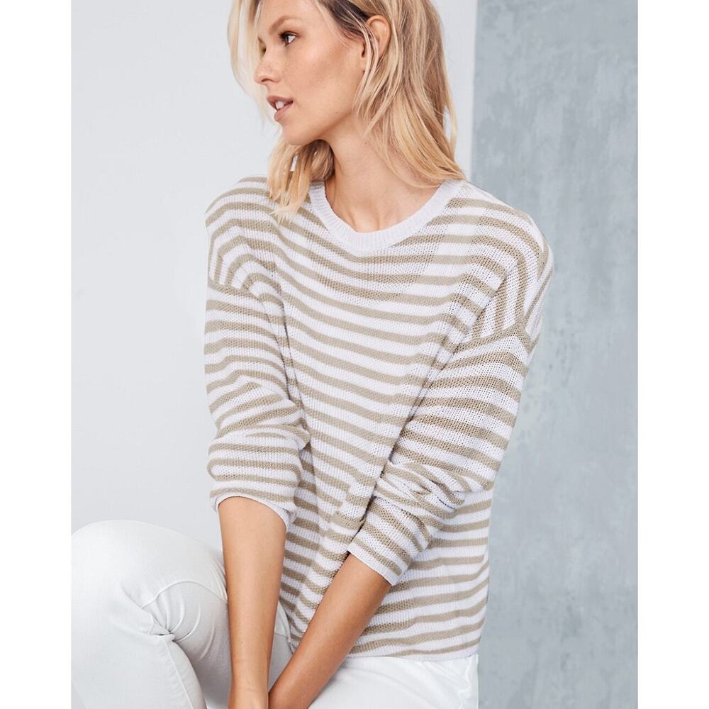 Eileen Fisher Organic Linen Nautical Striped Relaxed Fit Sweater Top Tan White M